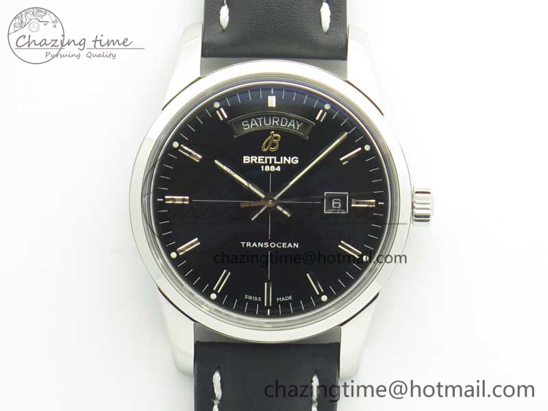 Breitling Transocean Day & Date SS V7F 1-1 Best Edition Black Dial on Black Leather Strap A2836