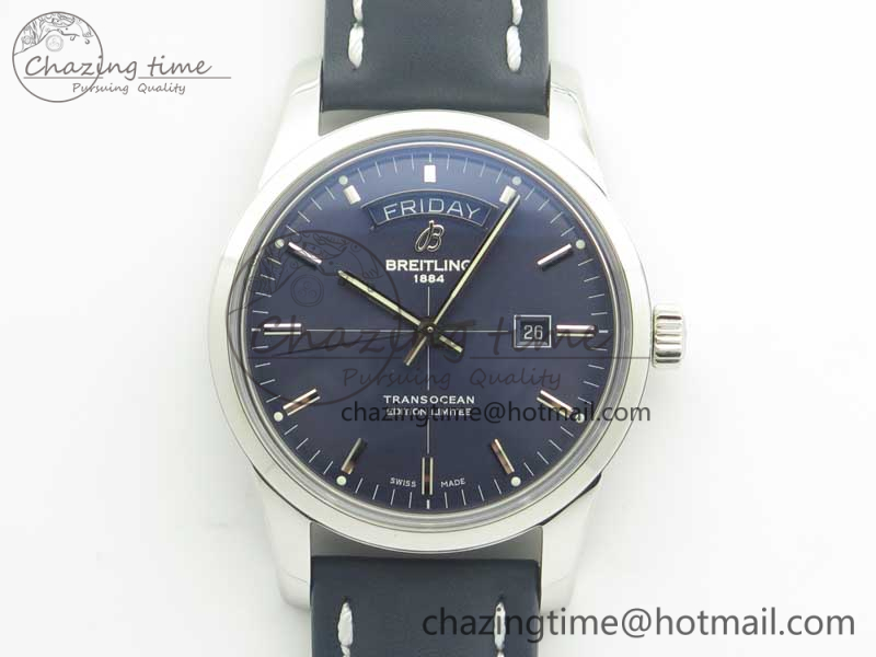 Breitling Transocean Day & Date SS V7F 1-1 Best Edition Blue Dial on Blue Leather Strap A2836