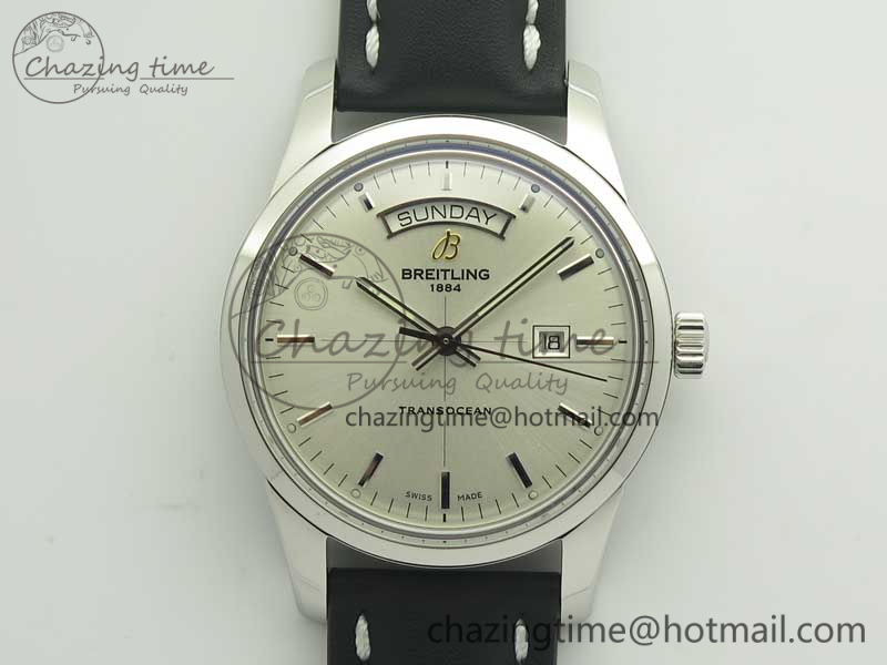 Breitling Transocean Day & Date SS V7F 1-1 Best Edition Silver Dial on Black Leather Strap A2836-10
