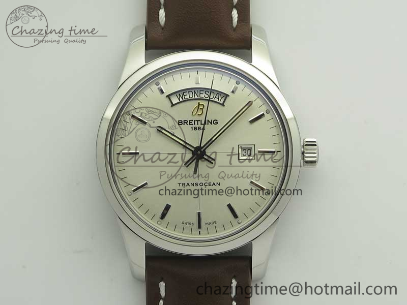 Breitling Transocean Day & Date SS V7F 1-1 Best Edition Silver Dial on Brown Leather Strap A2836