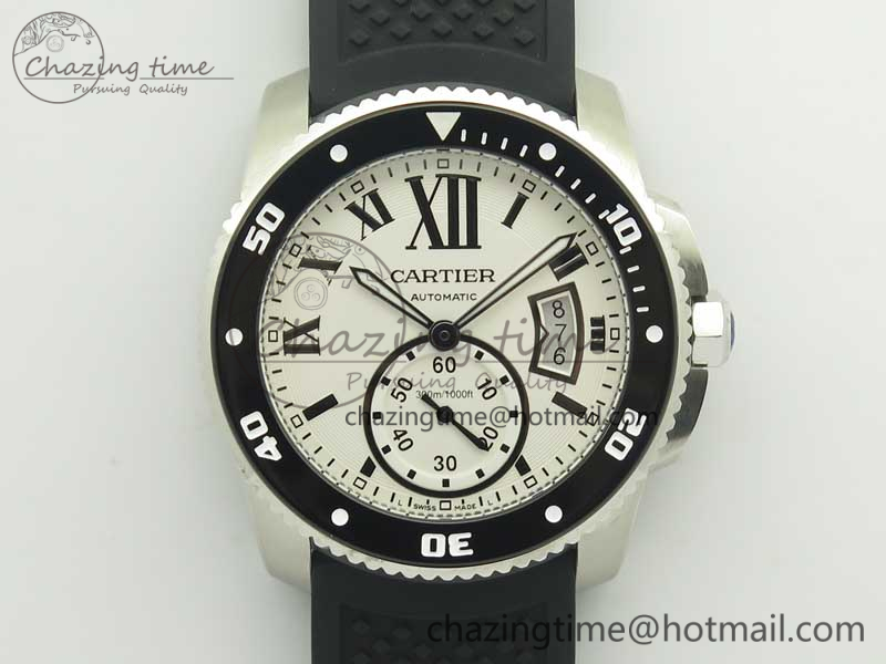 Calibre De Cartier Diver Black JF 1-1 Best Edition White Dial On Black Rubber Strap A23J
