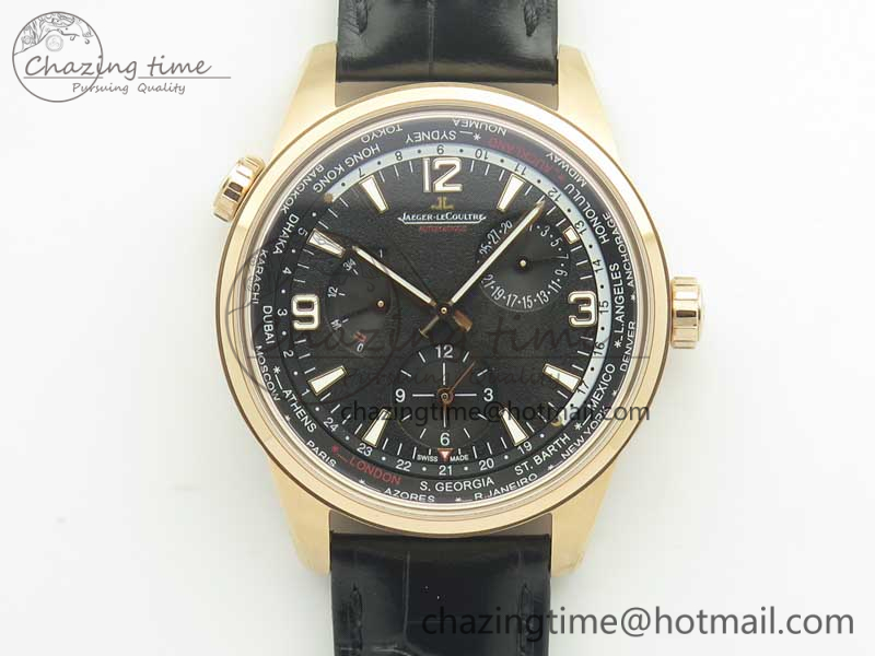 Polaris Geographic WT RG Black Textured Dial on Black Leather Strap A936-4