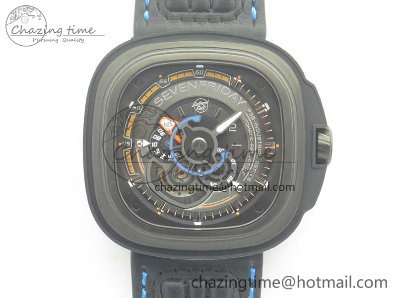 SevenFriday PVD P3B-01 SVF 1-1 Best Edition on Black-Blue Leather Strap Miyota 82S7(Free Rubber Strap)