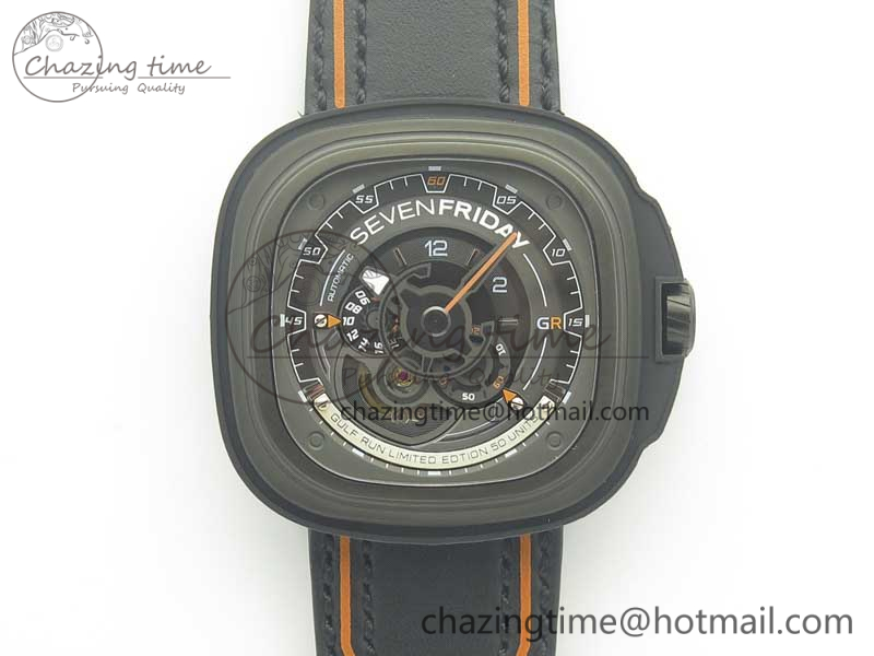 SevenFriday PVD P3B-01 SVF 1-1 Best Edition on Black-Orange Leather Strap Miyota 82S7(Free Rubber Strap)