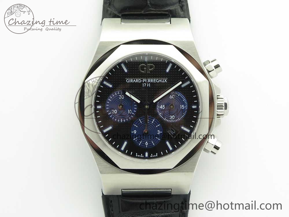 Laureato Chronograph 42mm SS TWA Black-Blue Dial on Black Leather Strap A7750-11