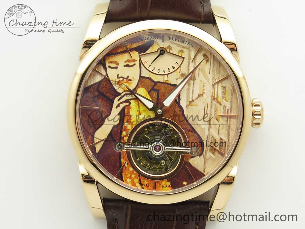 Fleurier Tonda Tourbillon Woodrock RG Real PR JBF Best Edition Red Man Dial on Brown Leather Strap-3