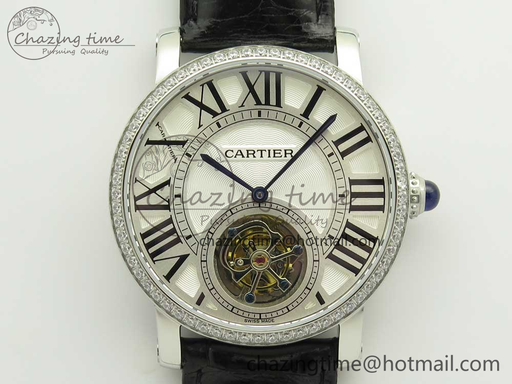 Rotonde Flying Tourbillon SS BLF Best Edition White Dial Diamonds Bezel on Black Leather Strap V2